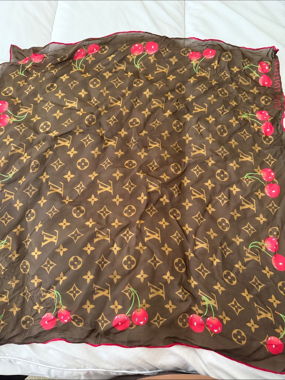 Louis Vuitton x TM 55 Brown Monogram Scarf with Red Cherry Motif
